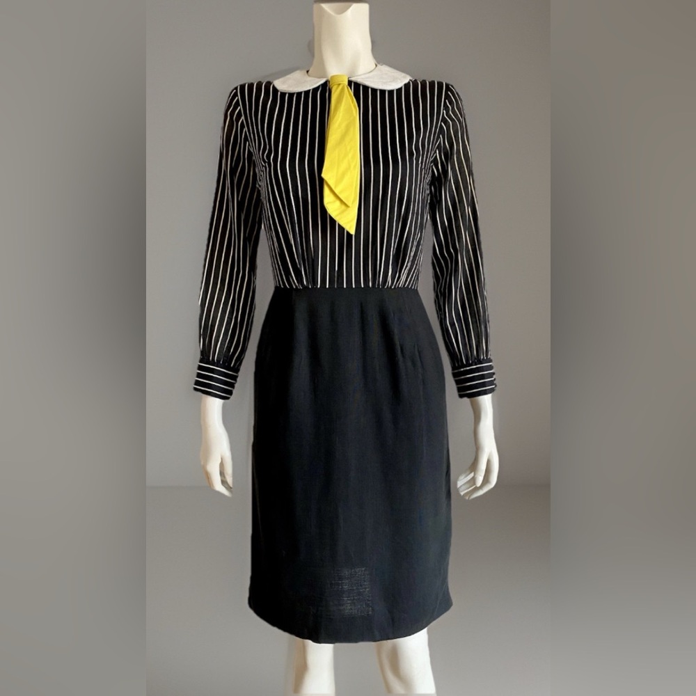 Vintage 1950s DRESS Pin Striped w/ NECKTIE Wiggle Secretary Metal Zipper XS S